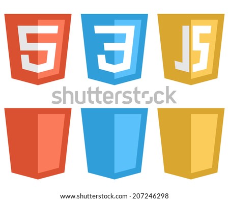 Color web technology shield shaped signs isolated on white background. HTTP5, CSS3 and Javascript icons.