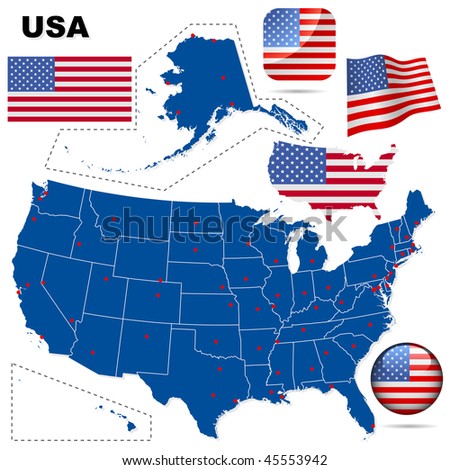 USA vector set. Detailed country shape with region borders, flags and icons isolated on white background.