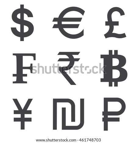 Currency vector icon set isolated on white background. Collection of currency symbols -dollar, euro, pound, franc, rupee, bitcoin, yuan, shekel, ruble. 
