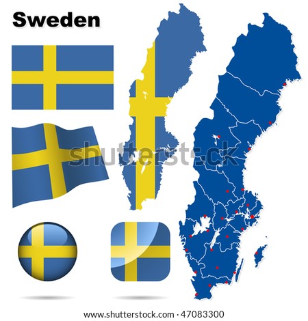 Sweden vector set. Detailed country shape with region borders, flags and icons isolated on white background.