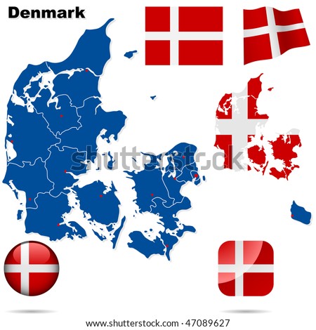 Denmark vector set. Detailed country shape with region borders, flags and icons isolated on white background.