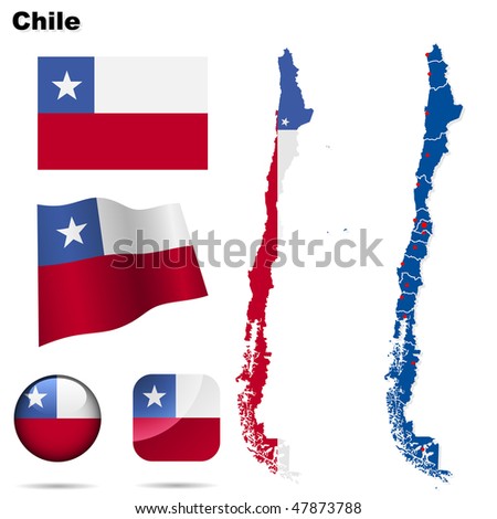 Chile vector set. Detailed country shape with region borders, flags and icons isolated on white background.