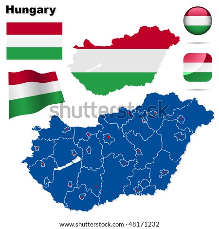 Hungary vector set. Detailed country shape with region borders, flags and icons isolated on white background.