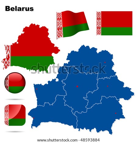 Belarus vector set. Detailed country shape with region borders, flags and icons isolated on white background.