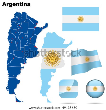 Argentina vector set. Detailed country shape with region borders, flags and icons isolated on white background.