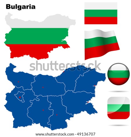Bulgaria  vector set. Detailed country shape with region borders, flags and icons isolated on white background.