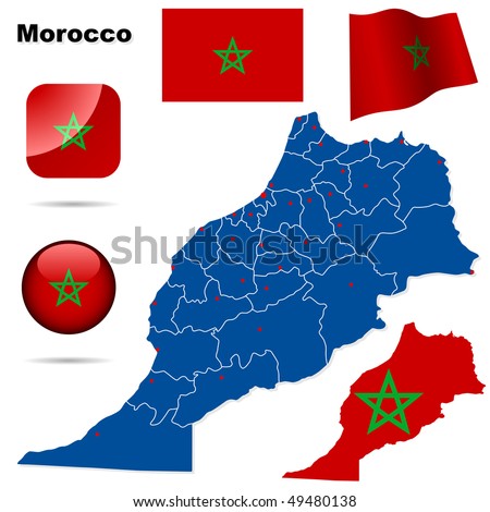 Morocco vector set. Detailed country shape with region borders, flags and icons isolated on white background.