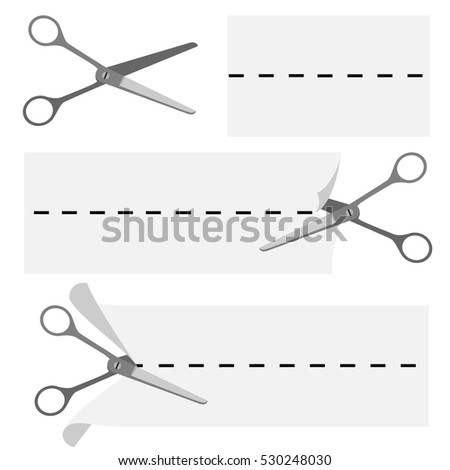 Scissors cutting paper sign for monochrome newspaper coupon print vector template. 