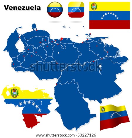 Venezuela vector set. Detailed country shape with region borders, flags and icons isolated on white background.