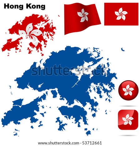 Hong Kong vector set. Detailed region shape, flags and icons isolated on white background.