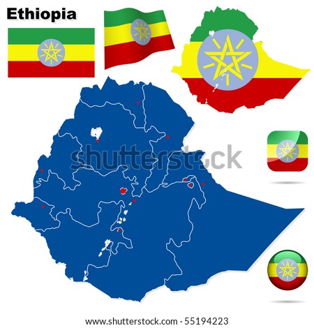 Ethiopia vector set. Detailed country shape with region borders, flags and icons isolated on white background.