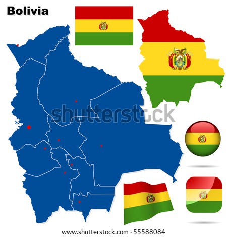 Bolivia vector set. Detailed country shape with region borders, flags and icons isolated on white background.