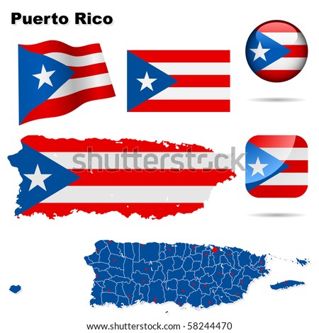 Puerto Rico vector set. Detailed country shape with region borders, flags and icons isolated on white background.