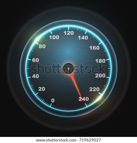 Glowing round car speedometer dial. Max speed concept. Vector illustration.