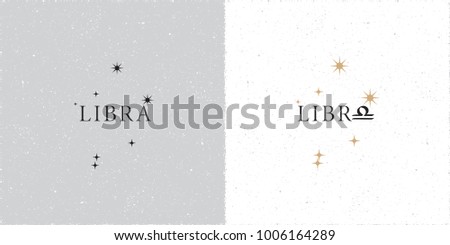 Zodiac Constellation Libra Stars and Logo Lettering with Libra Zodiac Sign Symbol - Black and Beige Elements on White Grunge Background - Vector Contrast Graphic Design