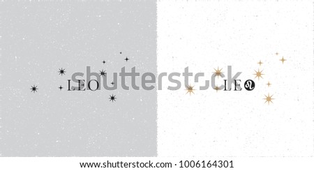 Zodiac Constellation Leo Stars and Logo Lettering with Leo Zodiac Sign Symbol - Black and Beige Elements on White Grunge Background - Vector Contrast Graphic Design