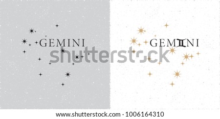 Zodiac Constellation Gemini Stars and Logo Lettering with Gemini Zodiac Sign Symbol - Black and Beige Elements on White Grunge Background - Vector Contrast Graphic Design