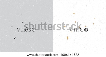 Zodiac Constellation Virgo Stars and Logo Lettering with Virgo Zodiac Sign Symbol - Black and Beige Elements on White Grunge Background - Vector Contrast Graphic Design