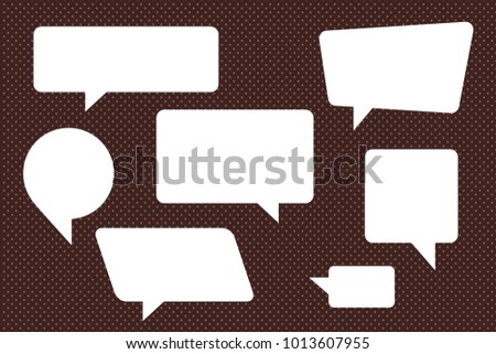 Speech Bubbles Set of Rectangle Circle Square and Distorted Blank Trendy Shapes - White Elements on Brown Dots Wallpaper Background - Vector Flat Graphic Design