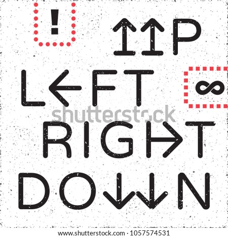Up Down Left Right Logos Lettering with Arrows Pointers and Infinity Sign Creative Concept Set - Black Elements on White Grunge Background - Vector Contrast Graphic Design