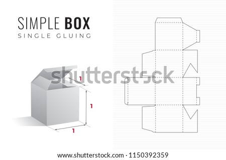 Simple Packaging Box Die Cut Cube Template with 3D Preview -  Black Editable Blueprint Layout with Cutting and Scoring Lines on Striped Background - Vector Draw Graphic Design Photo stock © 