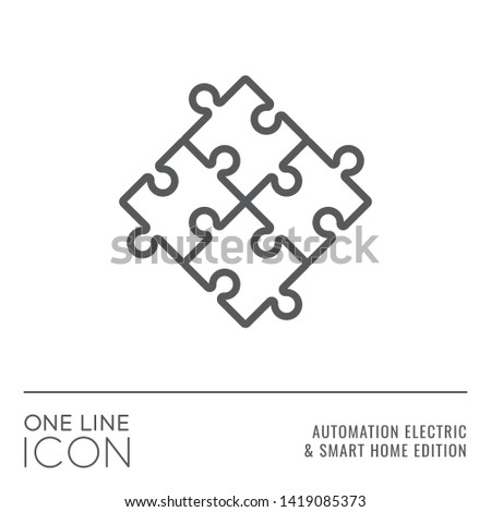 One Line Icon Series - Jigsaw Puzzle Pieces Together Sign as Modules Based System Flat Outline Stroke Style Symbol in House Automation Electric and Smart Home Edition - Vector Pictogram Graphic Design
