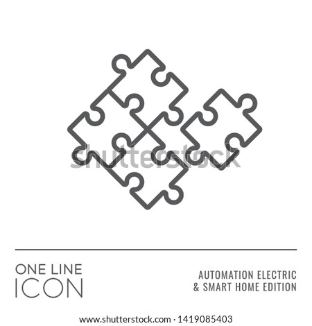 One Line Icon Series - Jigsaw Puzzle Disassembled Pieces Sign as System Flexibility and Scalability Outline Stroke Symbol in House Automation Electric and Smart Home Edition - Vector Graphic Design