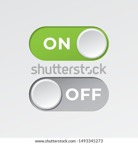 On and Off Toggle Switch Buttons with Lettering Modern Devices User Interface Mockup or Template - Green and Grey on White Background - Vector Gradient Graphic Design