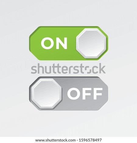 On and Off Octagonal Toggle Switch Buttons with Lettering Modern Devices User Interface Mockup or Template - Green and Grey on White Background - Vector Gradient Graphic  Design