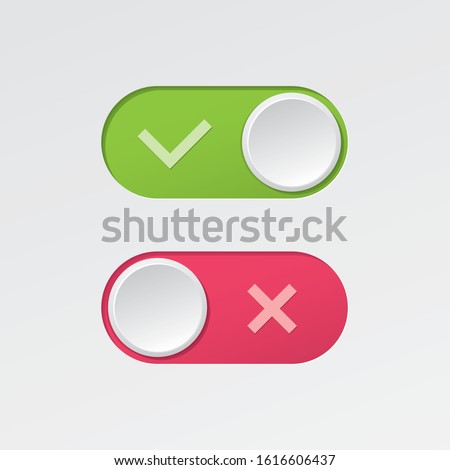 On and Off Toggle Switch Buttons with Check Marks Modern Devices User Interface Mockup or Template - Green and Red on White Background - Vector Gradient Graphic  Design