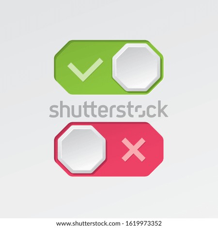 On and Off Octagonal Toggle Switch Buttons with Check Marks Modern Devices User Interface Mockup or Template - Green and Red on White Background - Vector Gradient Graphic  Design