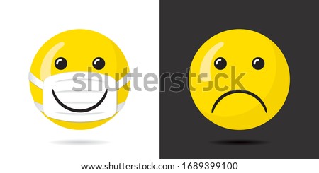 Happy Smiling Face Protected with Mask Having Wide Smile over It and Sad Unprotected Face Coronavirus Pandemy Devoted Concept - Yellow on Black and White Background - Vector Mixed Graphic Design