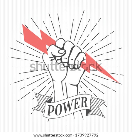 Raised Hand or Fist Holding and Gripping Lightning Bolt Sign over Rays Circle Logo and Power Lettering Symbolizing Super Human Strength - Black on Striped Background - Vector Hand Drawn Graphic Design