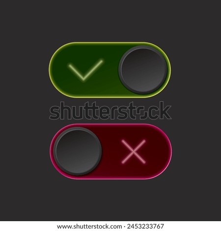 On and Off Toggle Switch Buttons with Check Marks and Glow Modern Devices User Interface Mockup or Template - Green and Red on Black Background - Vector Gradient Graphic Design