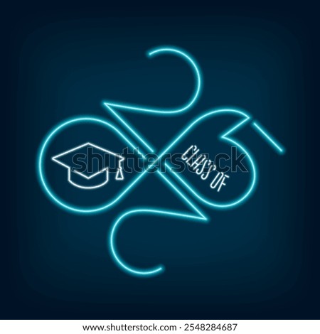 Class of 2025 Neon Sign Style Rhombus Logo with Numbers Making Mobius Loop Square Academic Graduation Cap Sign and Lettering - Turquoise on Dark Background - Vector Gradient Graphic Design