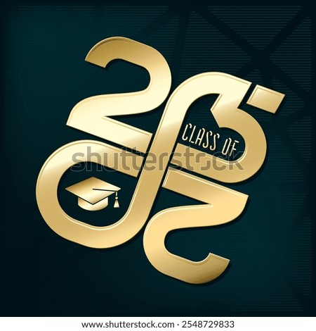 Class Of 2025 Flat Glossy Gold Logo with Numerals Making Mobius Loop Square Academic Graduation Cap Sign and Lettering - Golden on Holographic Style Background - Vector Gradient Graphic Design