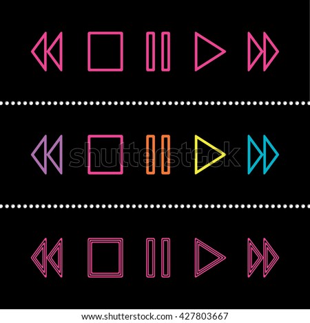 Play Pause Rewind FastForward Stop Symbols - Three Variants Colourful Outlines Style - Infographic Silhouette Style