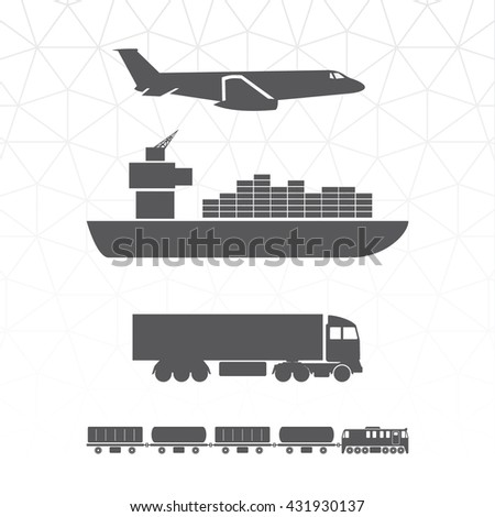 Means of Transportation Logistics Main Modes of Transport Vector Icons - Vehicle Ship Plane Train Side View Black on White - Infographic Silhouette Style