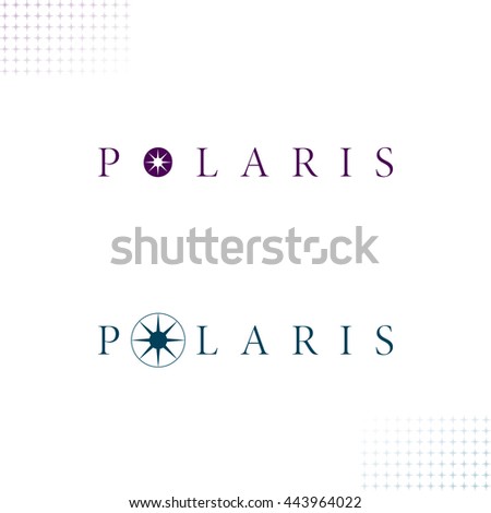 Polaris Logo with Authentic Star Symbols - Dark Turquoise and Dark Purple Letters and Objects on White Background with Star Symbol Decor Elements - Flat Contrast Graphic Illustration