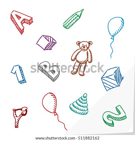 Preschool Kids Toys and Educational Things Composition - Colored Balloons Cubes Figures Letters Pencil Pyramid Slingshot and Teddy Bear on White Natural Paper Background - Quick Sketch Handdrawn Style