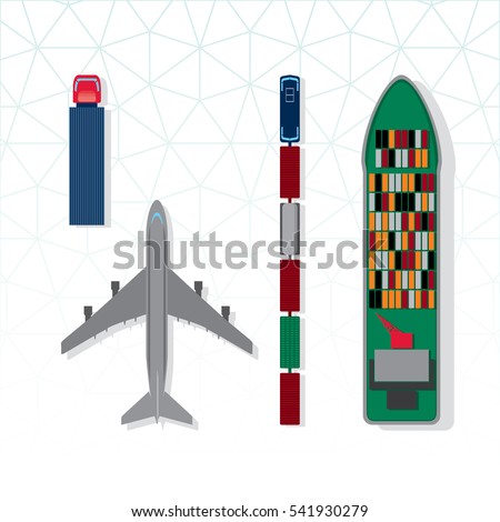 Means of Transportation Vehicle Ship Plane Train with Freight Top View Logistics Icons Set - Colored in Details Black Blue Brown Green Grey Orange and Red Elements on White Background - Flat Design
