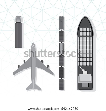 Means of Transportation Vehicle Ship Plane Train with Freight Top View Logistics Icons Set - Greyscale Monochrome Color In Detail Blue Brown Green Turquoise Elements on White Background - Flat Design