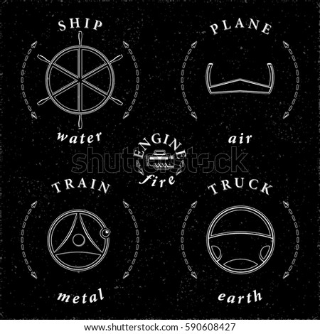 Means of Transportation Truck Ship Plane Train Steering Wheels Symbolizing Transport Modes in Connection with Main Elements Logo Style Icons Set - White on Black Background - Vector Contrast Graphic