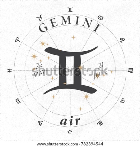 Zodiac Sign Gemini Logo and Air Lettering with Gemini Constellation Stars and Dates in Zodiac Circle - Black and Beige Elements on White Rough Paper Background - Vector Vintage Graphic Design