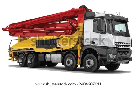 truck concrete pump isolated art design vector template white yellow arm lift red background modern 3d realistic drive
