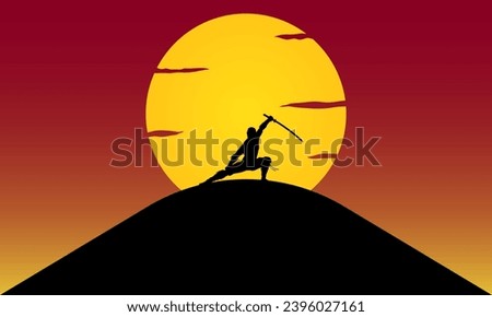 The silhouette of a samurai war against the sun background.