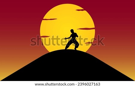 The silhouette of a samurai war against the sun background.