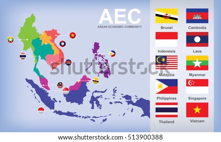 map of AEC Asean Economic Community with flags