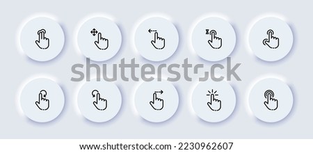 Touch gestures set icon. Control panel, tap with two fingers, swipe, scroll, waiting, loading, press, push, power button, screen. Technology concept. Neomorphism style. Vector line icon for Business