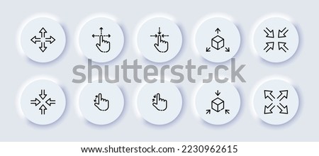 Navigation arrows set icon. Zoom in and out, buttons, control panel, hand, finger, move, cube, three dimensional, 360 degrees, viewing angles. Technology concept. Neomorphism style. Vector line icon